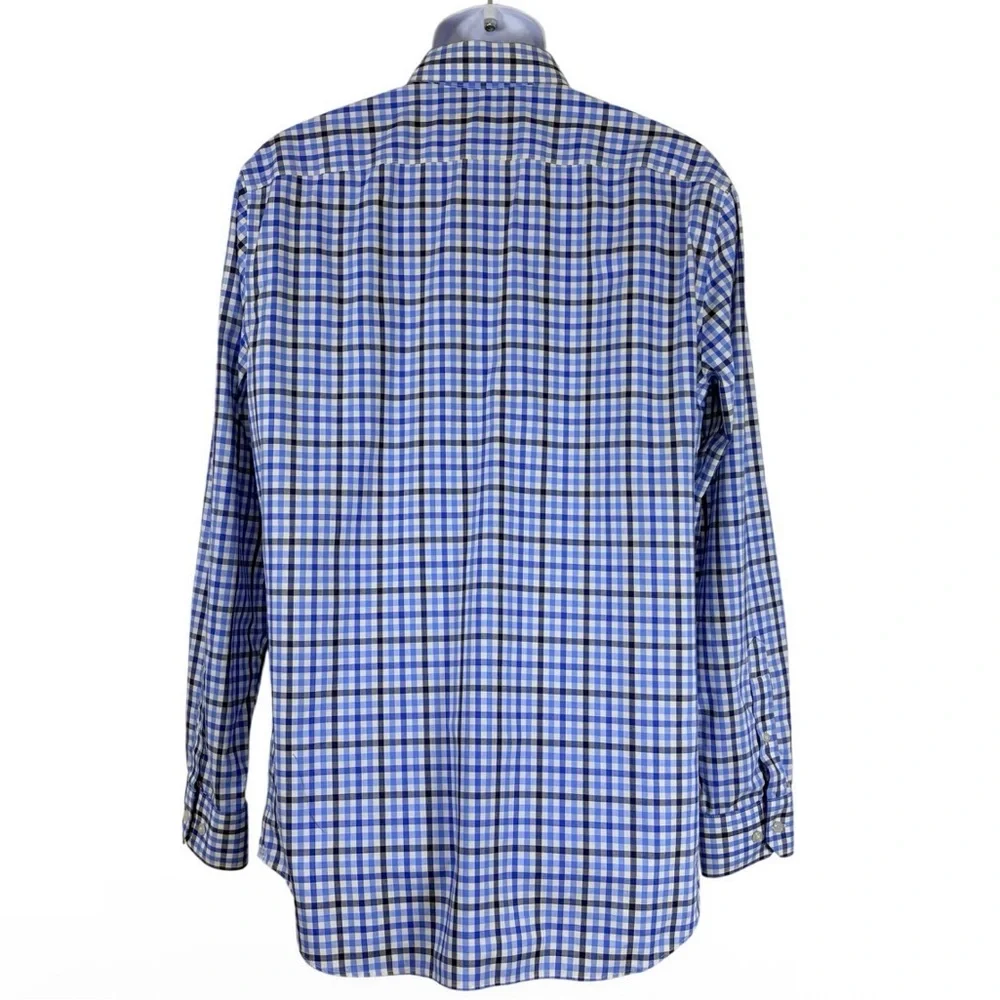 Banana Republic Grant Fit Blue Plaid Button Down SzL Non Iron Cotton Stretch